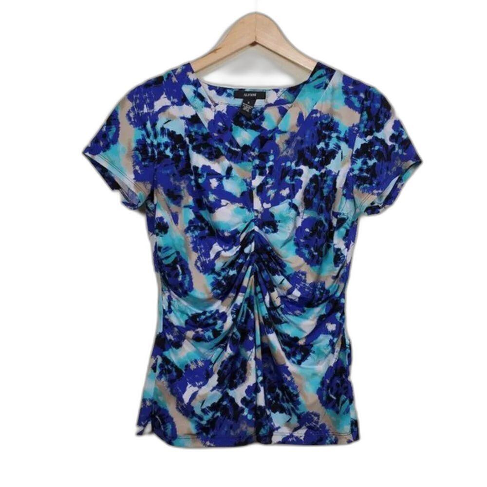Alfani Floral Ruched Top Womens Size S Blue Turquoise Stretch Short Sleeve